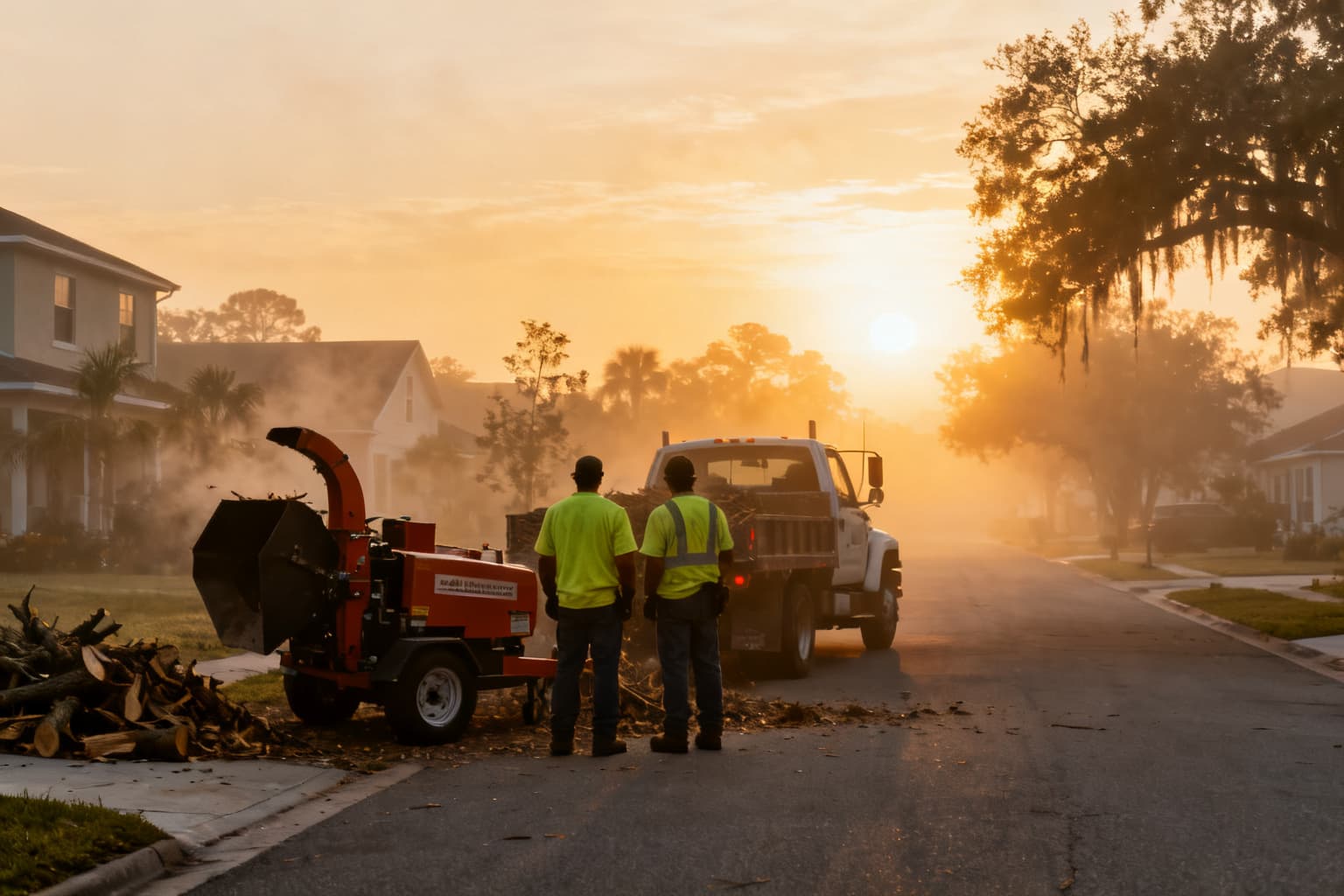 Tree service crew beside their truck at dawn