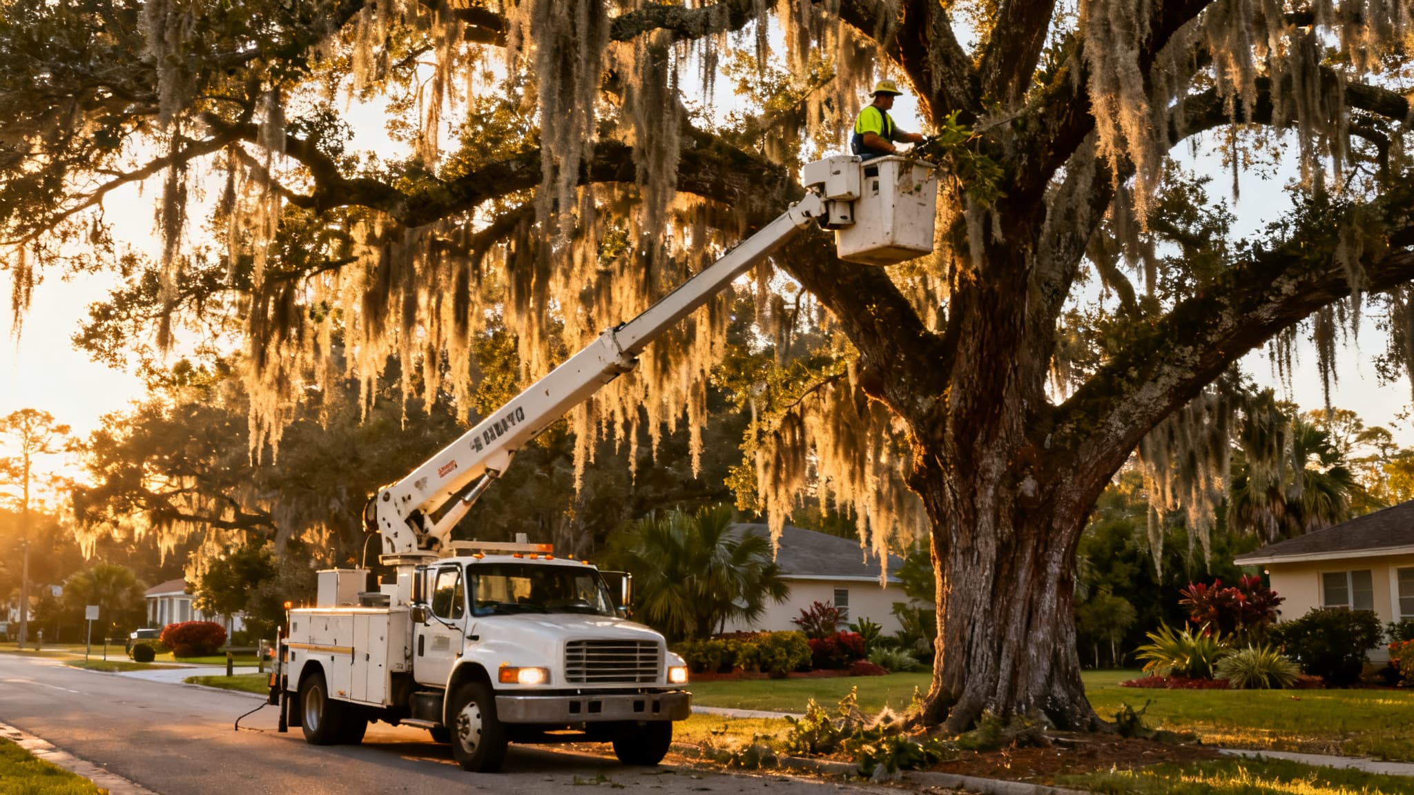Bucket truck extended into a large live oak on a Florida street