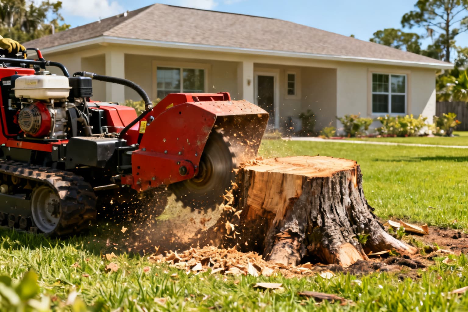 Stump ground down low in a tidy Florida lawn